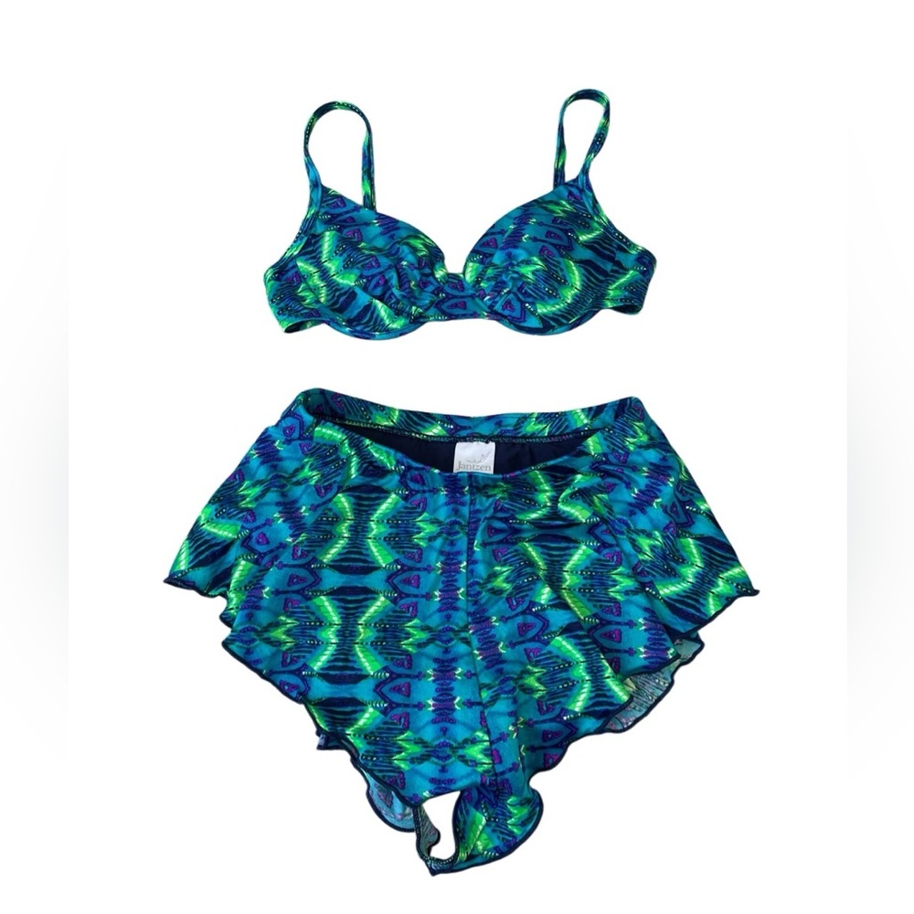 Vintage Jantzen‎ Blue Green Purple Pattern Two Piece High Waist Bikini Swimsuit